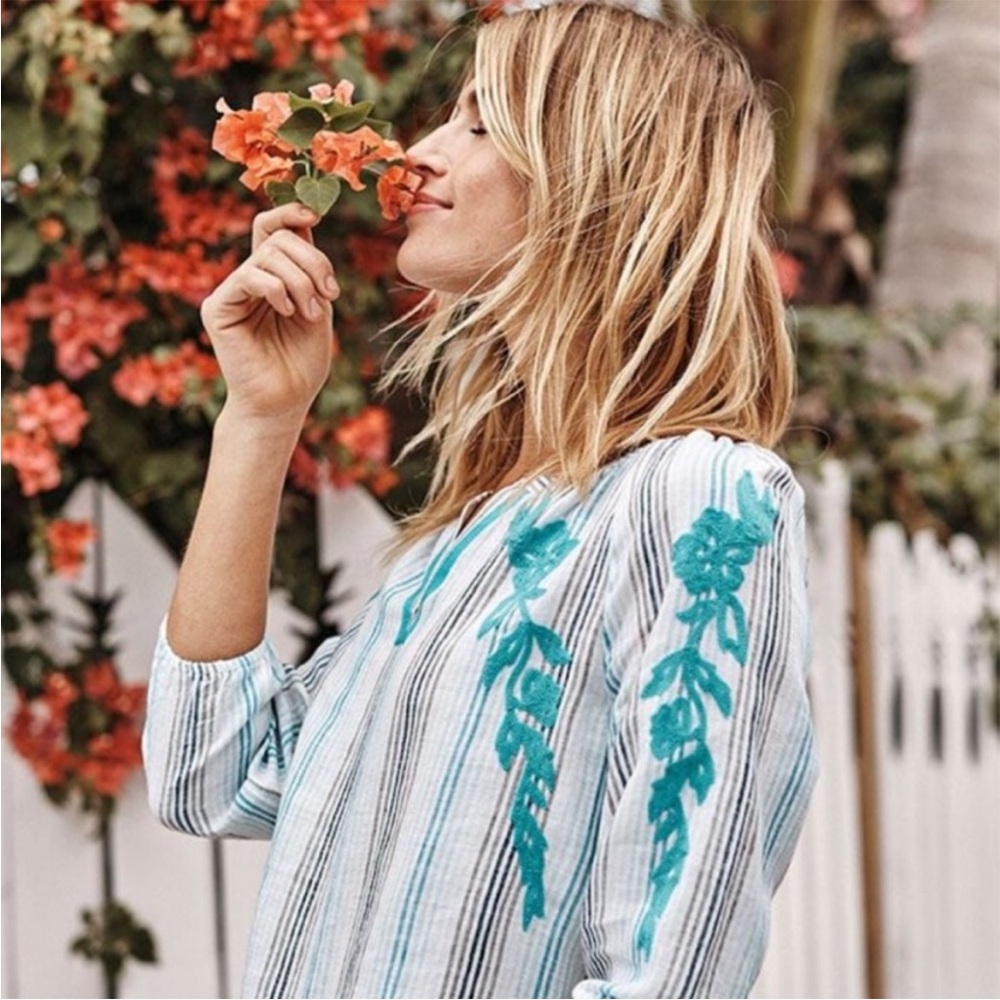 J. Jill Love Linen Embroidered Striped Peasant Boho Top Blouse Medium Petite